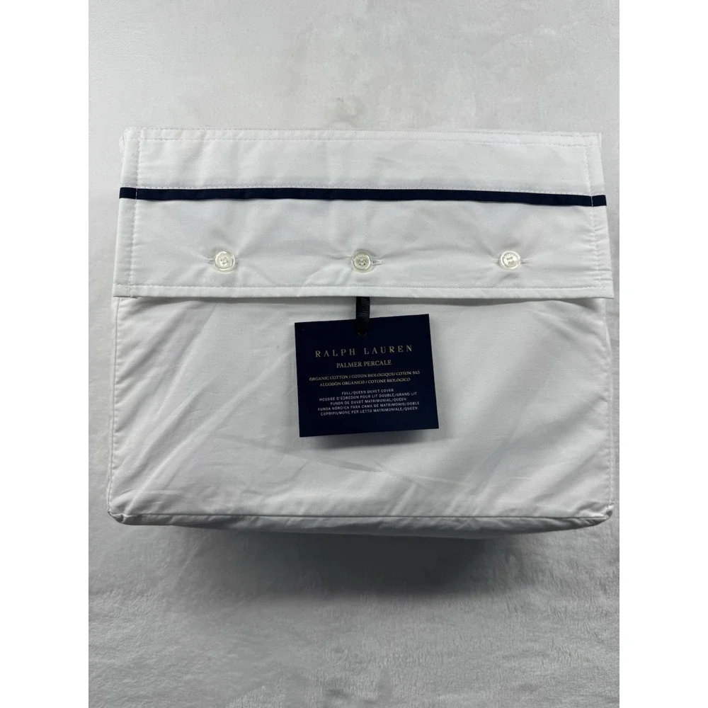 New Ralph Lauren Palmer Percale Full Queen Duvet Cover White &  Navy 100% Cotton